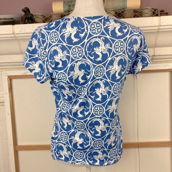 J.McLaughlin Griffon Print Blue Graphic Stretchy short Sleeved Top - Picture 3 of 8